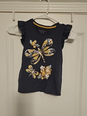 Shabby Chic Navy Tank Top with Yellow & Silver Butterfly Sequins